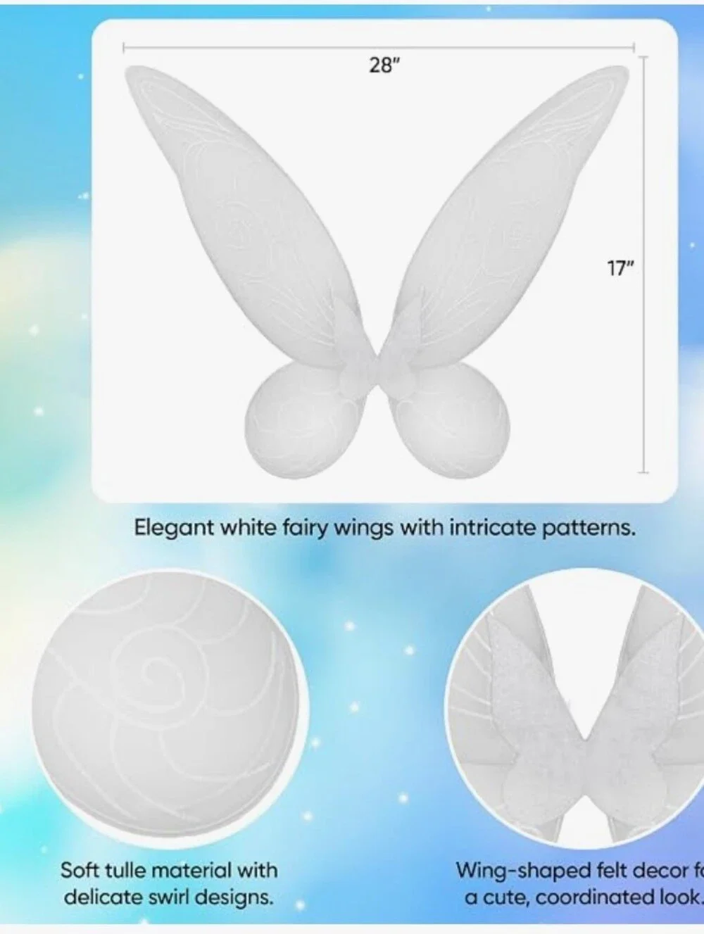 White Fairy Wings Costume Set with Flower Crown and Glitter For Girls/Women